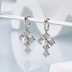 Iris Cross Freshwater Pearl Huggie Earrings