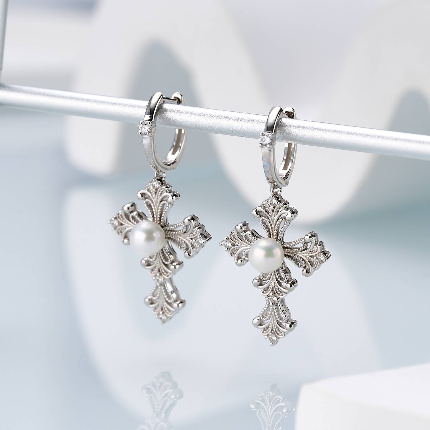 Iris Cross Freshwater Pearl Huggie Earrings