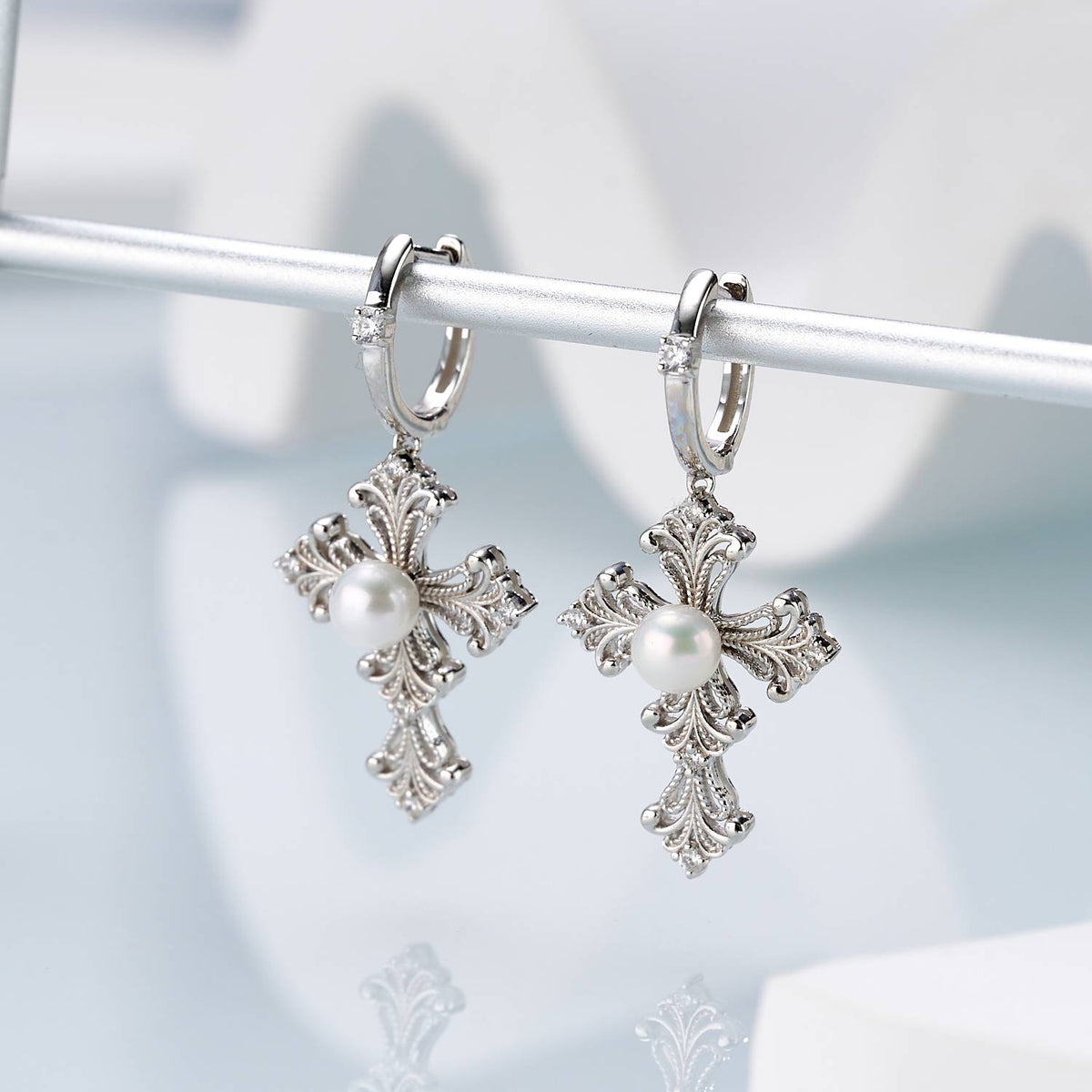 Iris Cross Freshwater Pearl Huggie Earrings