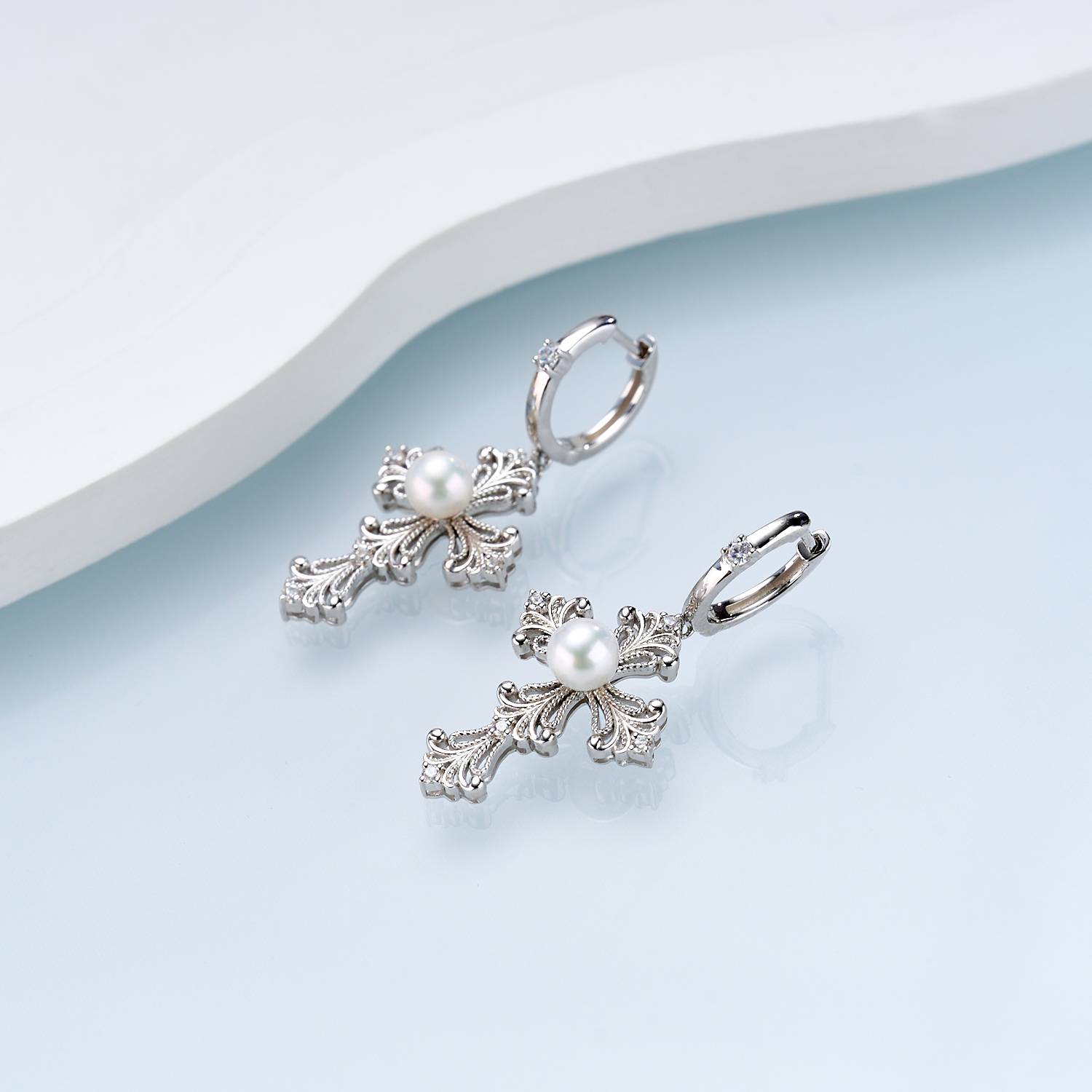 Iris Cross Freshwater Pearl Huggie Earrings
