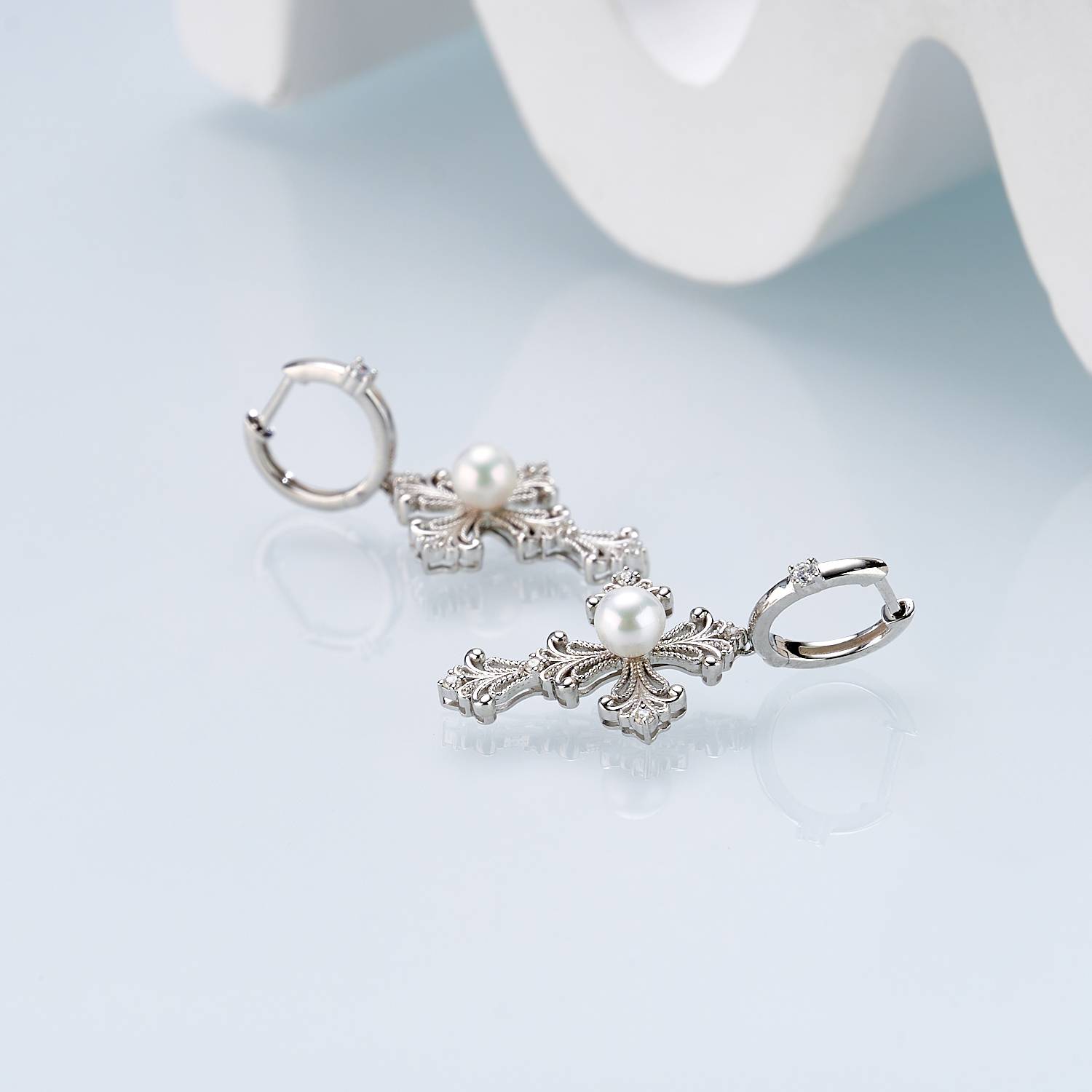 Iris Cross Freshwater Pearl Huggie Earrings